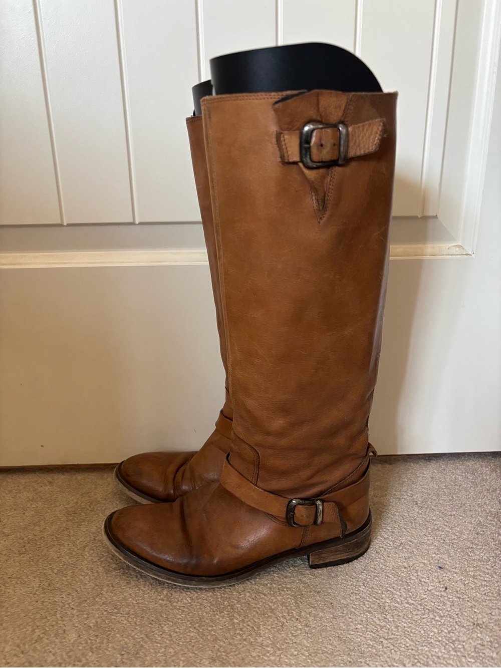 Cognac Brown Genuine Leather Tall Harness Boots Size 7.5